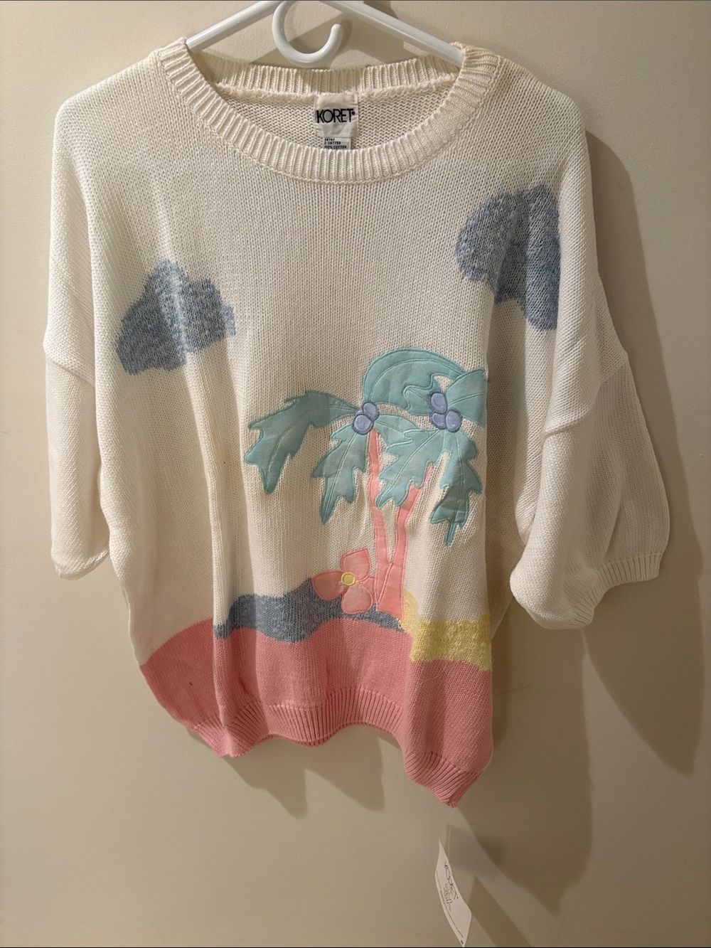 Koret Cream Sweater with Pastel Palm & Pink Hem